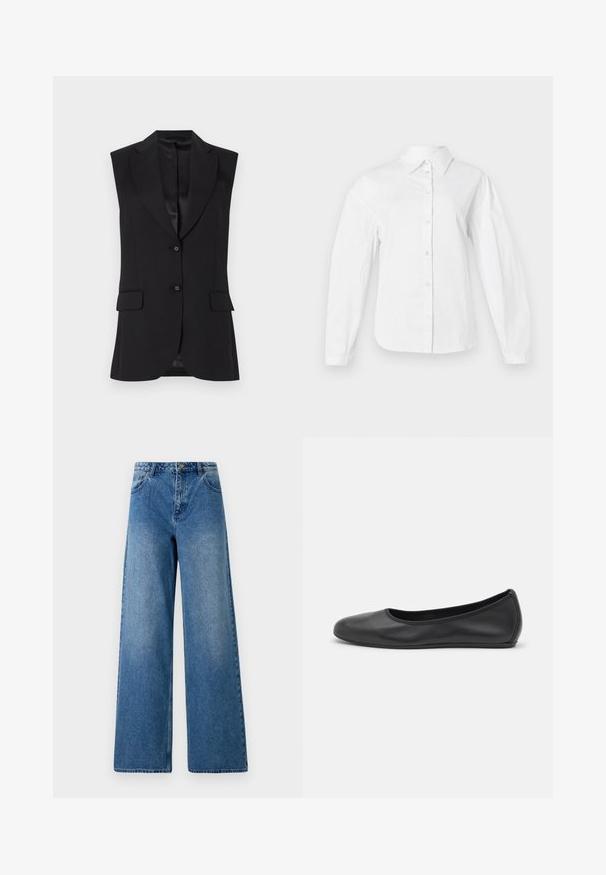 Zwarte mouwloze blazer met een notch lapel, twee voorzakken en één knoopsluiting. Glad textuur en op maat gemaakt ontwerp.; Witte button-up shirt gemaakt van gladde katoenen stof, met een klassieke kraag, lange mouwen en een rechte snit met knopen aan de voorkant.; Wijduitlopende jeans van blauwe denim. Heeft een hoge taille, vijf zakken en een sluiting met een knoop aan de voorkant. Glad textuur met lichte vervaging.; Zwarte leren ballerina met een ronde neus, gladde textuur, minimale stikdetails en een flexibele zoolontwerp.
