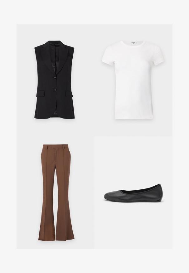 Zwarte mouwloze blazer met een notch lapel, twee voorzakken en één knoopsluiting. Glad textuur en op maat gemaakt ontwerp.; Wit geribd T-shirt met korte mouwen en een ronde hals. De stof lijkt glad met een getailleerde pasvorm. Logo zichtbaar op de kraag.; Bruine uitlopende broek van gladde stof, met een platte voorkant, riemlussen en een op maat gemaakte pasvorm met subtiele plooi-details.; Zwarte leren ballerina met een ronde neus, gladde textuur, minimale stikdetails en een flexibele zoolontwerp.