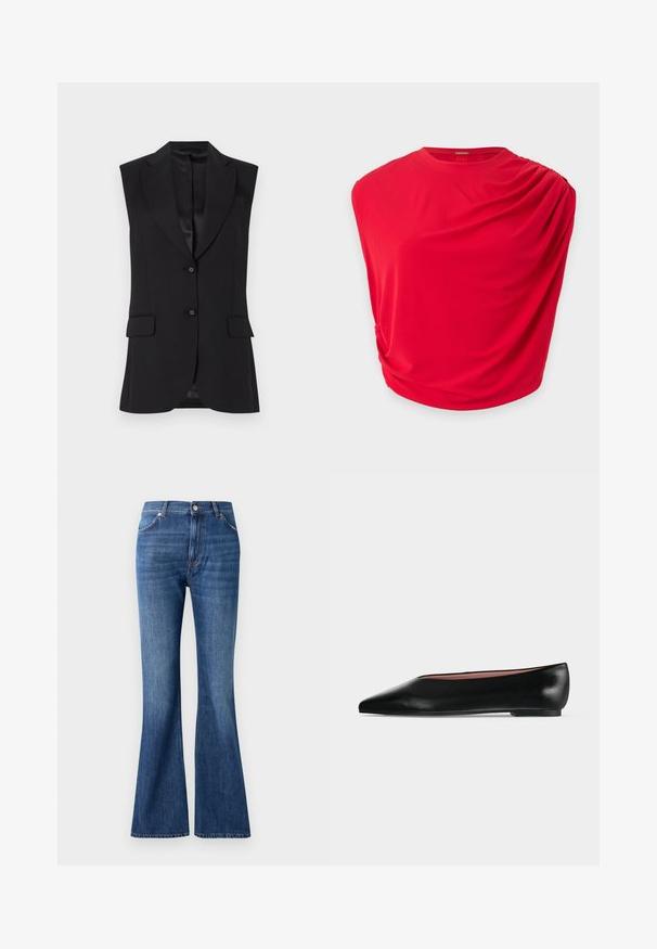 Blazer sans manches noir avec revers cranté, deux poches avant et fermeture à bouton unique. Texture lisse et design ajusté.; Top rouge sans manches avec un détail de tissu drapé sur une épaule et un col rond.; Jeans évasés bleus en denim, dotés d'une taille haute, de cinq poches et d'un léger effet d'usure près des coutures.; Chaussure plate en cuir noir pour femme, avec bout pointu et petit talon, vue de côté sur un fond gris clair uni.