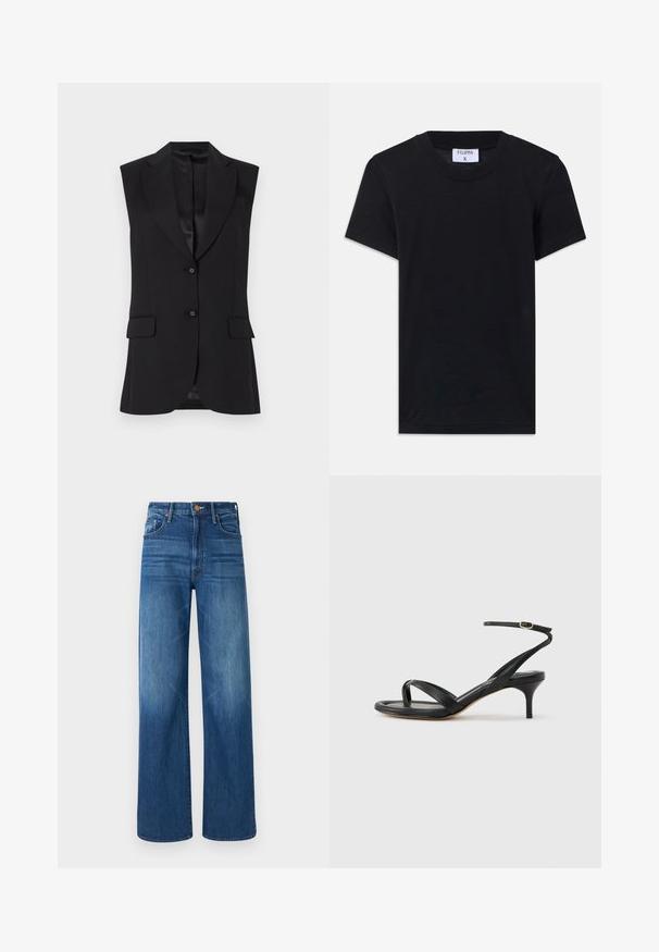 Sort ærmeløs blazer med slagkrave, to frontlommer og enkeltknaplukning. Glat tekstur og skræddersyet design.; Sort bomulds T-shirt med rund hals, korte ærmer og en afslappet pasform. Etiketten viser "FILIPPA K" ved halsudskæringen.; Mother THE LASSO SNEAK - Jeans Relaxed Fit - dark blue denim; Sort damesandal i læder med tynde remme, en tå-loop, ankelspænde og en mellemhøj stiletthæl på en neutral baggrund.