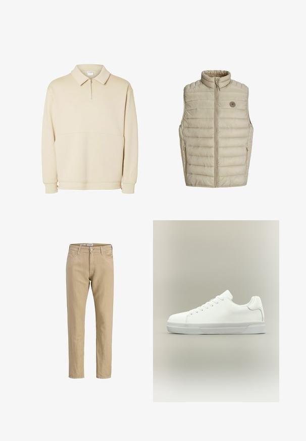 Beige puffy vest med høj krave, frontlynlås og sidelommer. Vandret quiltet mønster og en rund logo på venstre bryst.; Beige pullover sweatshirts lavet af blødt stof, med lynlås i halsen, krave og en afslappet pasform med en simpel vandret sømdetalje.; Beige bukser med lige ben, bæltestropper, knap- og lynlåslukning foran samt lommer foran og bagpå.; Hvid lavtop sneaker med snørelukning foran, polstret krave og tekstureret gummisål, vist i sidelayout på neutral baggrund.