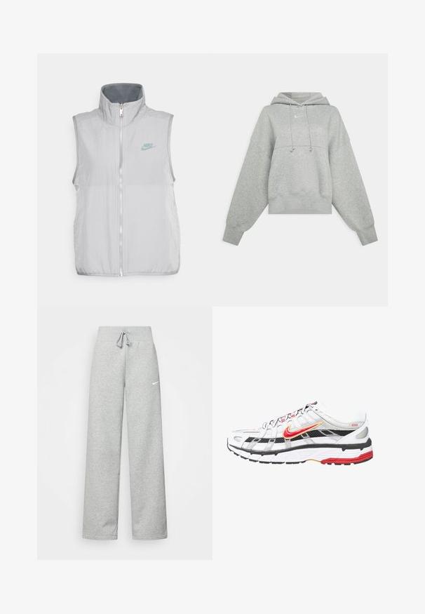 Nike Sportswear VEST - Vesta - pewter/smoke grey; Sivá skrátená mikina s kapucňou vyrobená z mäkkej tkaniny. Má nastaviteľnú kapucňu so šnúrkou, široké rukávy a malé logo na prednej strane.; Šedé tepláky s elastickým pásom, detailom na šnúrku a malým bielym logom Nike na ľavom stehne. Mäkká tkanina, voľný strih.; Biele a čierne športové topánky s červenými a zlatými akcentmi. Obsahujú sieťovinový zvršok, polstrovanú podrážku a bezpečný šnurovací dizajn.