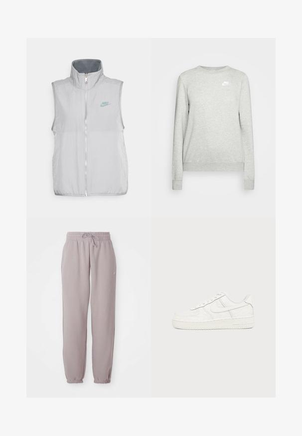 Nike Sportswear VEST - Vesta - pewter/smoke grey; Šedá mikina vyrobená z bavlneného zmesi, s okrúhlym výstrihom, rebrovanými manžetami a malým bielym logom Nike na ľavej hrudi. Jednoduchý dizajn.; Svetlomauve flísové tepláky s elastickým pásom, šnúrkou, bočnými vreckami a elastickými manžetami, zobrazené položené na bielom pozadí.; Nízke biele tenisky z textúrovanej kože so šnurovaním a hrubou gumovou podrážkou s označením Air.