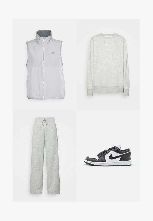 Nike Sportswear VEST - Vest - pewter/smoke grey; Lys grå crewneck sweatshirt lavet af blød stof, med et lille hvidt Nike-logo på brystet samt ribbede manchetter og kant.; Grå sweatpants med elastisk talje, snor detaljer og et lille hvidt Nike-logo på venstre lår. Blødt stof, løs pasform.; Sorte og hvide Nike lavtoppede sneakers har en glat læderoverdel, rund tå, snørelukning og en mønstret gummisål.