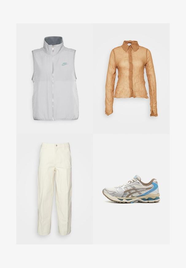 Nike Sportswear VEST - Vest - pewter/smoke grey; Weekday CRINKLE FITTED SHIRT - Pluus - brown; Heled beezhi värvi avarii teksad, millel on lõtv istuvus, nööbiga kinnitamine ja eest plekki taskud. Valmistatud vastupidavast puuvillakangast.; Valge ja beež jooksujalanõu siniste aktsentidega, võrkkattega pealmise osaga, pehmendusega tallaga ja paeltega disainiga, nähtav välisküljelt.