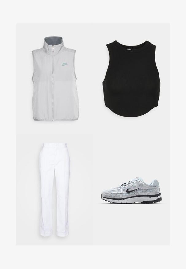 Nike Sportswear VEST - Vesta - pewter/smoke grey; Čierny pletený cropped top s vysokým výstrihom a bezrukávovým dizajnom. Mäkká textúra, priliehavý tvar a mierne zakrivený spodný lem.; Biele nohavice s rovnými nohavicami vyrobené z bavlny. Majú plochý predný diel, pútka na opasok a žiadne viditeľné vrecká. Hladká textura a minimalistický dizajn.; Tenisky Nike P-6000 s vrchným materiálom z jemnej šedej sieťoviny, čiernymi akcentmi a odolnou čiernou gumovou podrážkou. Obsahujú jemný dizajn a systém šnurovania.
