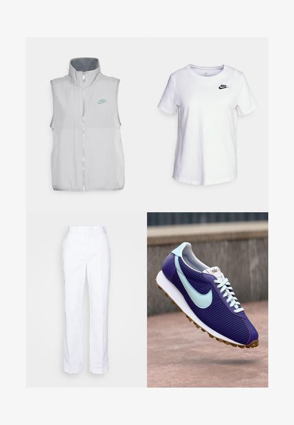 Nike Sportswear VEST - Weste - pewter/smoke grey; Weißes Baumwoll-T-Shirt mit Rundhalsausschnitt und kurzen Ärmeln. Mit einem schwarzen Nike-Logo auf der oberen linken Brustseite.; Weiße, gerade geschnittene Hosen aus Baumwolle. Mit flachem Bund, Gürtelschlaufen und ohne sichtbare Taschen. Glatte Textur und minimalistisches Design.; Lila Nike Sneaker mit hellblauem Swoosh, weißen Schnürsenkeln und Gummi-Sohle, der über einer Betonoberfläche im Freien schwebt.