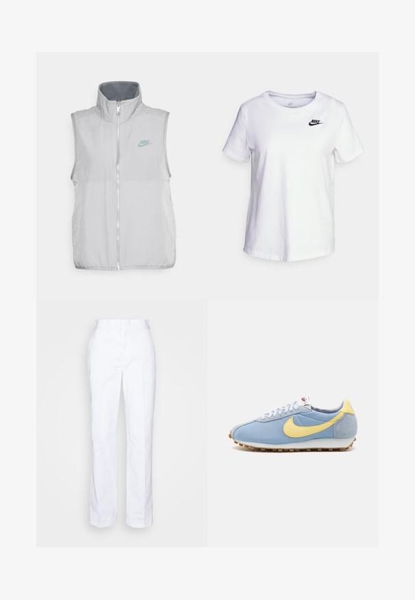 Nike Sportswear VEST - Vest - pewter/smoke grey; Hvid bomulds t-shirt med rund halsudskæring og korte ærmer. Har et sort Nike-logo i det øverste venstre brystområde.; Hvide, lige ben bukser lavet af bomuld. Har flad front, bæltesløjfer og ingen synlige lommer. Glat tekstur og minimalistisk design.; Blå mesh- og ruskinds-sneakers med gul Nike swoosh, hvide snørebånd og lysebrun sål; klassisk atletisk design.
