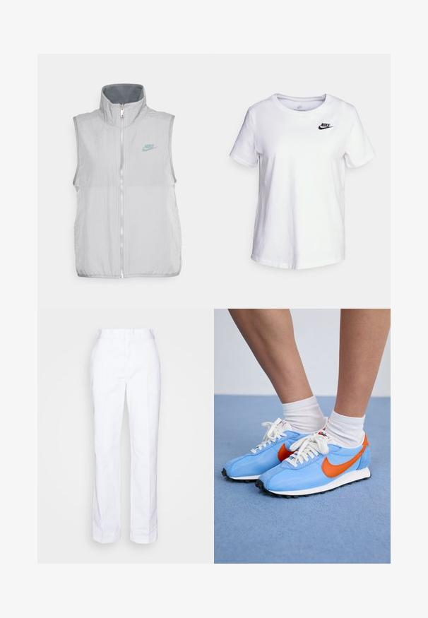 Nike Sportswear VEST - Vesta - pewter/smoke grey; Biela bavlnená tričko s kulatým výstrihom a krátkymi rukávmi. Má čierne logo Nike na hornej ľavej oblasti hrudníka.; Biele nohavice s rovnými nohavicami vyrobené z bavlny. Majú plochý predný diel, pútka na opasok a žiadne viditeľné vrecká. Hladká textura a minimalistický dizajn.; Modré sieťované a semišové tenisky s oranžovými akcentmi a bielymi šnúrkami. Čierna gumová podrážka. Nosené s bielymi ponožkami do polovice lýtok na modrom povrchu.