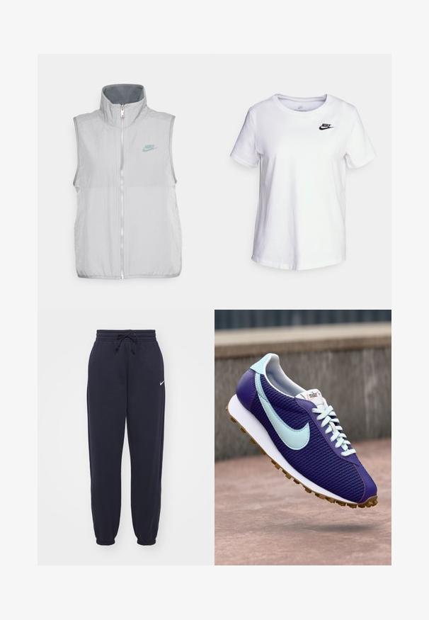 Nike Sportswear VEST - Γιλέκο - pewter/smoke grey; Λευκή βαμβακερή μπλούζα με στρογγυλή λαιμόκοψη και κοντά μανίκια. Διαθέτει μαύρο λογότυπο Nike στην επάνω αριστερή πλευρά του στήθους.; Nike φόρμες με navy μπλε χρώμα, από μαλακό υλικό. Διαθέτουν ελαστική μέση με κορδόνι και ριμπ μανσέτες. Μικρό λευκό λογότυπο.; Πορφυρό αθλητικό παπούτσι Nike με γαλάζιο σήμα, λευκές κορδόνες και σόλα από καουτσούκ, που προβάλλεται να αιωρείται πάνω από μια τσιμεντένια επιφάνεια σε εξωτερικό χώρο.