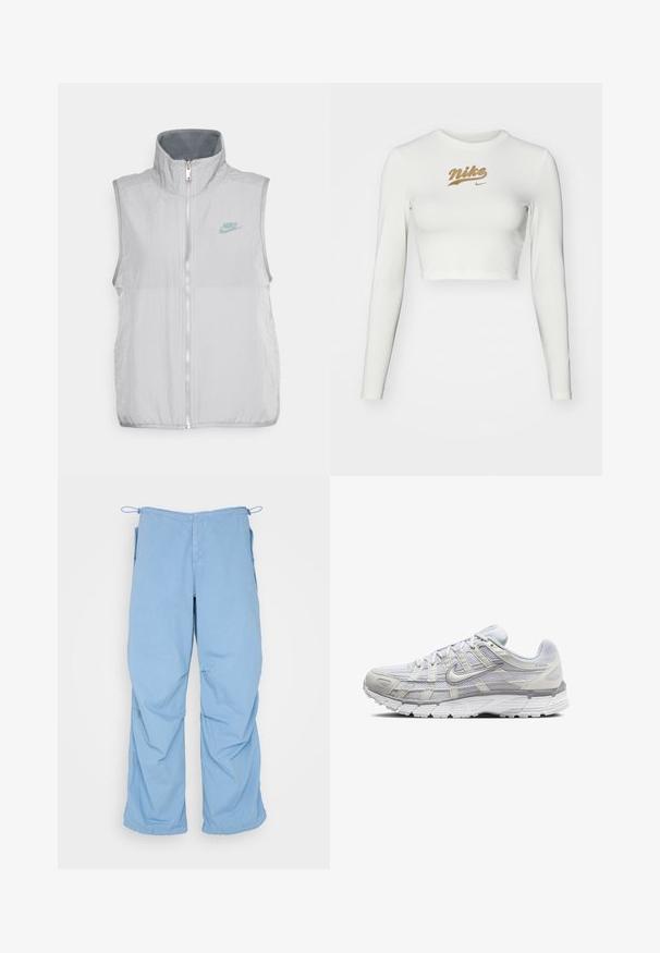 Nike Sportswear VEST - Γιλέκο - pewter/smoke grey; Λευκό crop top με μακριά μανίκια, φτιαγμένο από απαλό ύφασμα, με εκτύπωση του χρυσού λογότυπου Nike στο στήθος και κλασική στρογγυλή λαιμόκοψη.; Γαλάζιο, φαρδύ παντελόνι από μαλακό ύφασμα. Διαθέτει κορδόνι στη μέση, δύο πλαινές τσέπες και άνετη εφαρμογή με καθαρές ραφές.; Ανοιχτό γκρι αθλητικά παπούτσια με επάνω μέρος από πλέγμα και συνθετικό υλικό, διαθέτοντας κλείσιμο με κορδόνια, επενδεδυμένο προφιλέο και υφασμάτινη σόλα για καλύτερη πρόσφυση.