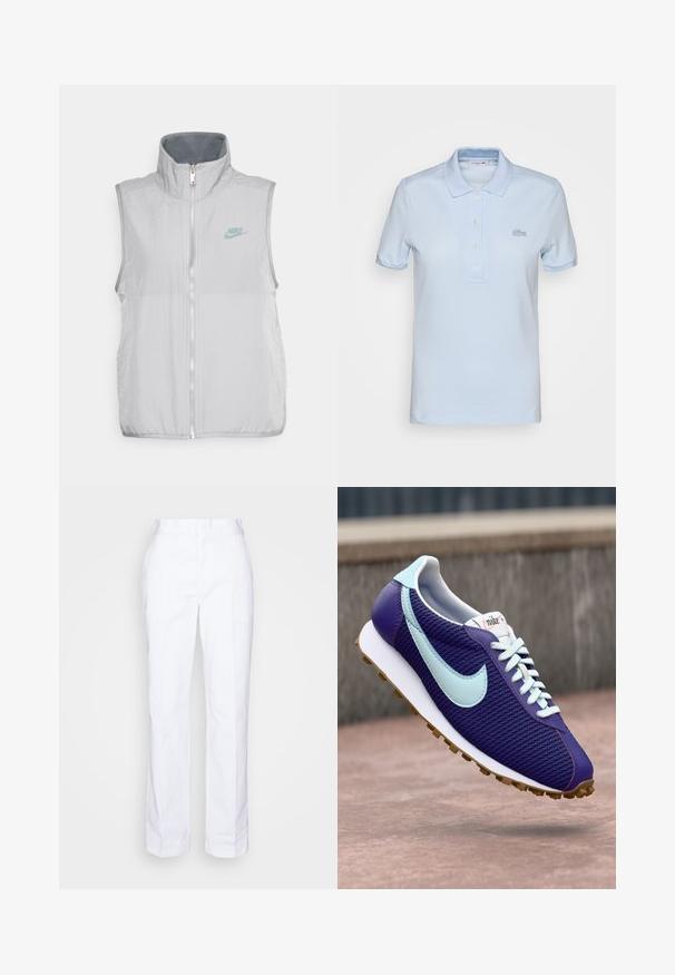Nike Sportswear VEST - Vest - pewter/smoke grey; Lacoste PF5462_001 - Poloshirts - ruisseau; Hvide, lige ben bukser lavet af bomuld. Har flad front, bæltesløjfer og ingen synlige lommer. Glat tekstur og minimalistisk design.; Lilla Nike sneakers med lyseblå swoosh, hvide snørebånd og gummisål, der svæver over en betonoverflade udendørs.