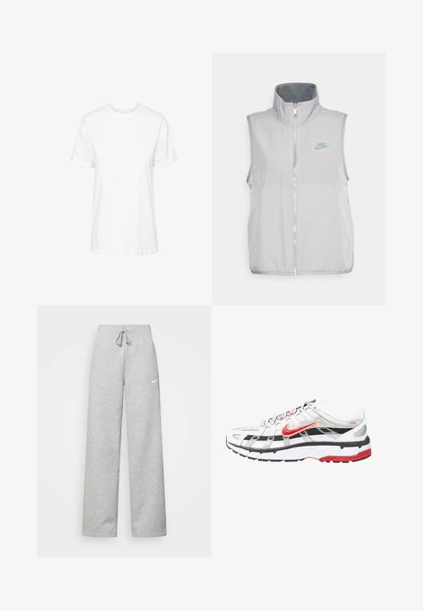 Nike Sportswear VEST - Weste - pewter/smoke grey; Weißes Baumwoll-T-Shirt mit kurzen Ärmeln, Rundhalsausschnitt und legerem Schnitt, mit glatter Textur und ohne sichtbare Muster.; Graue Jogginghose mit elastischem Bund, Kordelzug und kleinem weißen Nike-Logo am linken Oberschenkel. Weicher Stoff, locker sitzend.; Weiße und schwarze Sportschuhe mit roten und goldenen Akzenten. Sie besitzen ein Obermaterial aus Mesh, eine gepolsterte Sohle und ein sicheres Schnürdesign.