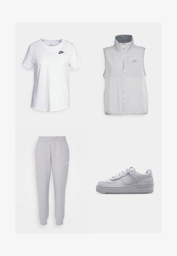 Nike Sportswear VEST - Chaleco - pewter/smoke grey; Camiseta de algodón blanca con cuello redondo y mangas cortas. Presenta un logotipo negro de Nike en la parte superior izquierda del pecho.; Pantalones de chándal de color gris claro con cintura ajustable, piernas ajustadas y un pequeño logo blanco en el muslo izquierdo. Hechos de una tela suave y texturizada.; Zapatilla Nike Air Force 1 gris con puntera perforada, parte superior de cuero suave, suela gruesa y detalle en relieve 'AIR' en el talón.