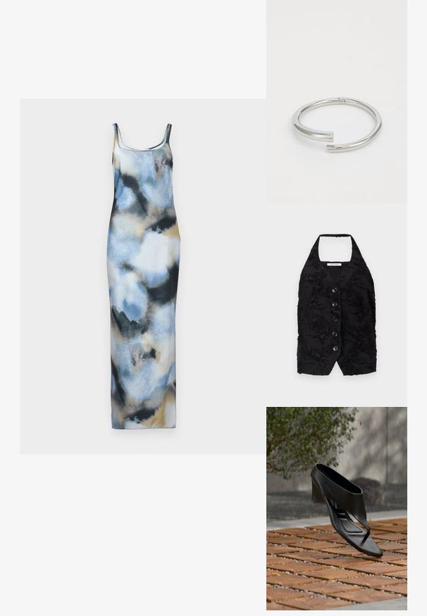 Zwarte vest met een textuurstof met verhoogde patronen, een V-hals, en zes knopen aan de voorkant. Halterhals, zonder mouwen, cropped ontwerp.; Maxi-jurk van lichtgewicht stof met een aquarelpatroon in blauw, zwart en beige. Het heeft een aansluitende vorm en spaghettibandjes.; Zwarte sandaal met hoge hak en teenslipperbandje, zwevend boven een patroon van houten en grind buitenoppervlak met vage begroeiing en een muur op de achtergrond.; Calvin Klein SPIRAL - Armband - silver-coloured