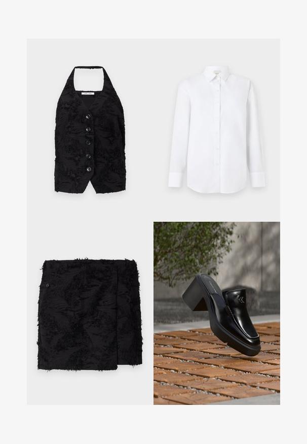 Gilet noir en tissu texturé avec des motifs en relief, décolleté en V, et six boutons à l'avant. Encolure halter, sans manches, conception cropped.; Chemise blanche à manches longues en tissu lisse, avec un devant boutonné, un col classique et un ourlet arrondi avec des poignets boutonnés.; Jupe noire en tissu texturé avec des accents effilochés. Forme carrée, longueur au-dessus du genou et détail de bouton sur le côté.; Mule slip-on en cuir noir Calvin Klein avec talon bloc reposant sur des carreaux en bois à l'extérieur près d'une plante verte et d'un mur gris.