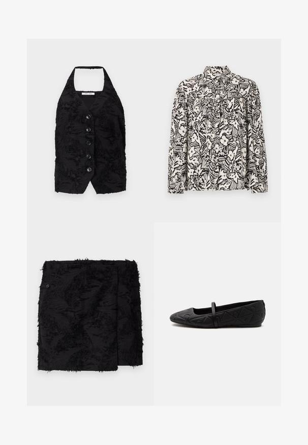 Gilet noir en tissu texturé avec des motifs en relief, décolleté en V, et six boutons à l'avant. Encolure halter, sans manches, conception cropped.; Chemise à manches longues avec un motif floral noir et blanc, dotée d'un col haut, d'un devant froncé et d'une coupe loose. Fabriquée en tissu léger.; Jupe noire en tissu texturé avec des accents effilochés. Forme carrée, longueur au-dessus du genou et détail de bouton sur le côté.; Chaussure plate noire avec un bout arrondi, un motif géométrique embossé et une fine bride unique sur le dessus, vue de profil.