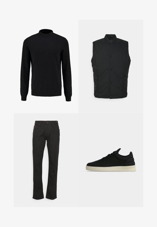 Gilet sans manches isolé noir avec un col haut, comportant des boutons-pression à l'avant et des poches zippées sur les côtés. Texture lisse et design léger.; Pull en maille noir avec un col montant, des manches longues, et des poignets et un ourlet côtelés, présentant une texture lisse et une silhouette classique.; JOOP! Jeans MITCH - Jean droit - black; Baskets basses noires avec lacets noirs et semelle épaisse blanche cassée, vues de profil droit sur un fond uni.
