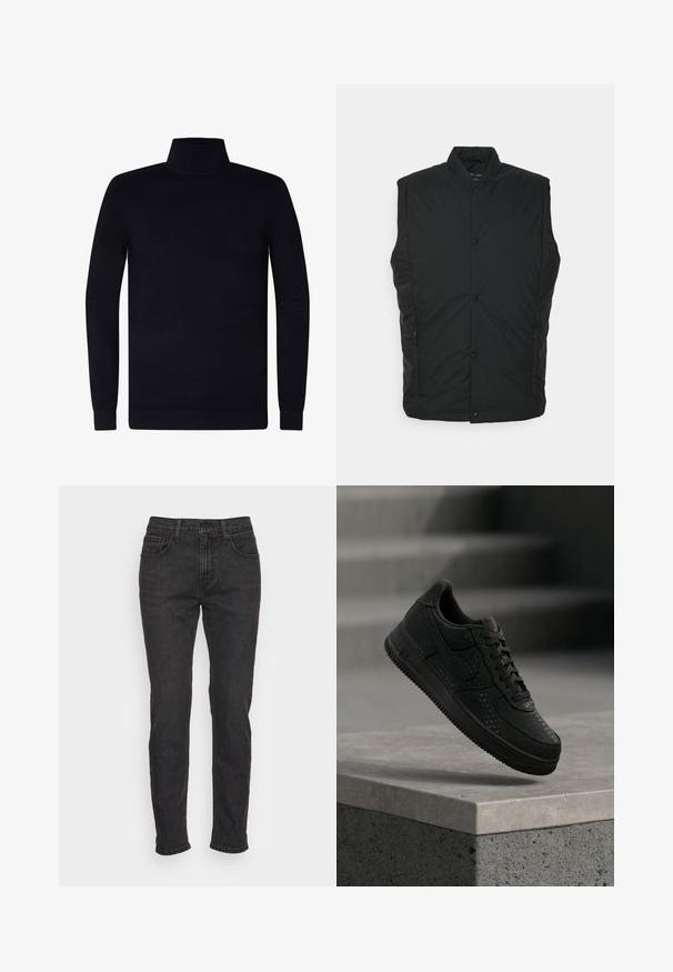 Sort isoleret ærmeløs vest med høj krave, der har trykknapper foran og sidelommer med lynlås. Glat tekstur og letvægtsdesign.; Sort turtleneck sweater, ribbede manchetter og krave, blødt strikstof, let design, lange ærmer, ingen synlig branding eller mønstre.; Sorte denimjeans med en tætsiddende pasform, som har fem lommer, bæltestropper og diskrete syninger. Slidt tekstur langs stoffet.; Sort Nike-sneaker med perforerede detaljer svæver over en betonforkant mod en sløret grå baggrund.