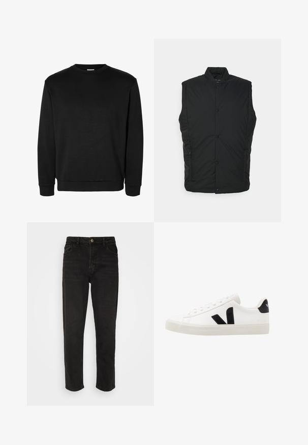 Zwarte geïsoleerde mouwloze vest met hoge kraag, uitgerust met drukknopen aan de voorkant en zijzakken met rits. Glad textuur en lichtgewicht ontwerp.; Zwarte lange mouwen crewneck sweatshirt met geribde boorden en zoom, eenvoudig ontwerp zonder zichtbare logo's of patronen.; Zwarte denim jeans met een rechte pasvorm, hoge taille, knoopsluiting en vier zakken. Beschikt over een klassiek vijf-zakkenontwerp.; Witte leren sneaker met zwarte suède accenten; voorzien van een rubberen zool, ronde neus en een klassieke vetersluiting. Zijkant met logo in het zwart.