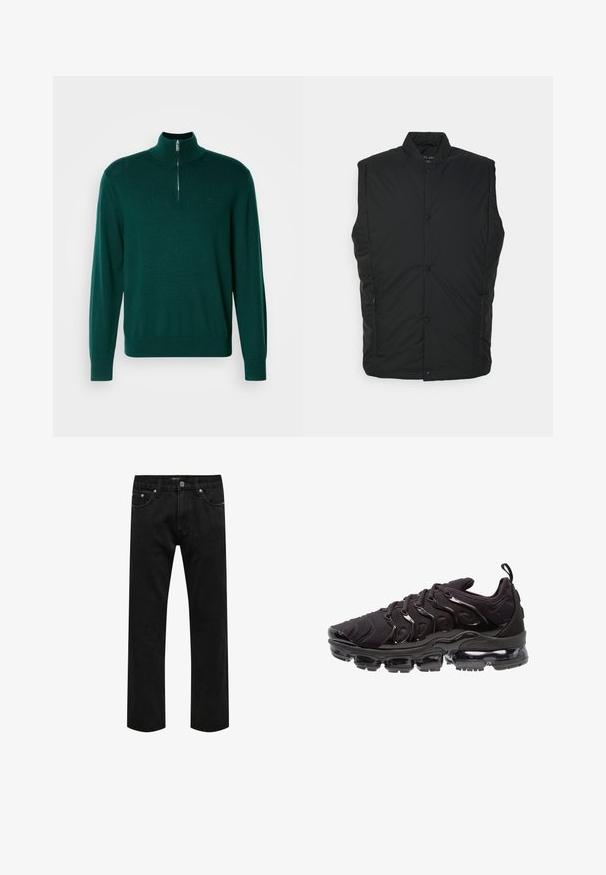 Gilet sans manches isolé noir avec un col haut, comportant des boutons-pression à l'avant et des poches zippées sur les côtés. Texture lisse et design léger.; Un pull zippé vert foncé avec un col haut, des manches longues et des poignets côtelés. Fabriqué en un tissu tricoté lisse et léger. Détail de logo subtil.; Jean en denim noir à jambes droites avec un design classique à cinq poches et une fermeture par bouton à la taille, présenté à plat sur un fond blanc.; Chaussures de sport noires avec une tige en tissu texturé, des accents brillants et une semelle à coussin d'air proéminente. Présente des éléments de design distincts en forme de vague.