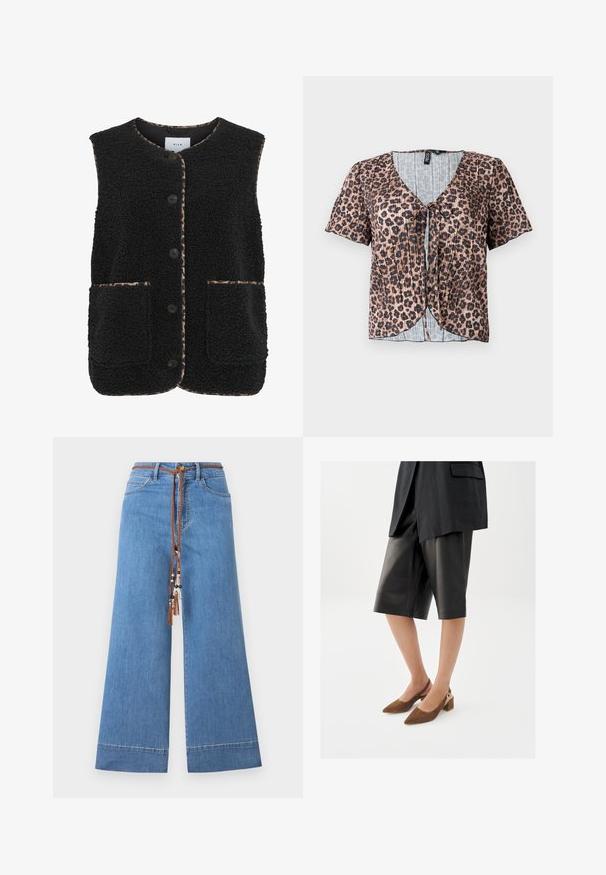 Musta fleece-liivi, jossa pyöreä kaula-aukko, etunapit ja kaksi päälleommeltua taskua. Reunoissa leopardi-kuvioiset reunukset.; Lyhythihainen, laskostettu leopardikuosisetoppi, jossa on V-pääntie ja solmittava etuosa. Sisäkerroksena on vaaleansininen, ruudullinen kangas.; Vaaleansiniset leveälahkeiset farkut, joissa on punottu ruskea naru vyötäröllä, koristeellisilla helmillä ja perinteisellä viiden taskun muotoilulla.; Nainen, joka pukeutunut mustiin, polvenmittaisiin nahkahousuihin, mustaan bleiseriin ja ruskeisiin mokkaisiin matalaankorkoisiin slingback-kenkiin.