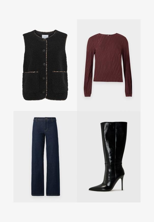 Schwarze Fleeceweste mit rundem Ausschnitt, Frontknöpfen und zwei aufgesetzten Taschen. Mit Leopardenmuster-Besatz entlang der Ränder.; Burgunderfarbene Langarmbluse mit einer subtilen Wellenmuster-Textur, rundem Ausschnitt und gerafften Ärmelbündchen. Rückwärtige Verschlussdetails sichtbar.; Weite, dunkelblaue Jeans mit klassischem Fünf-Taschen-Design, aus Denim gefertigt, mit goldenen Nähten und einem Knopfverschluss an der Taille.; Schwarze Leder-Knielange Stiefel mit spitzem Schuh und hohem Stiletto-Absatz. Glatte Textur und elegantes Design, das sich durch minimale Details auszeichnet.