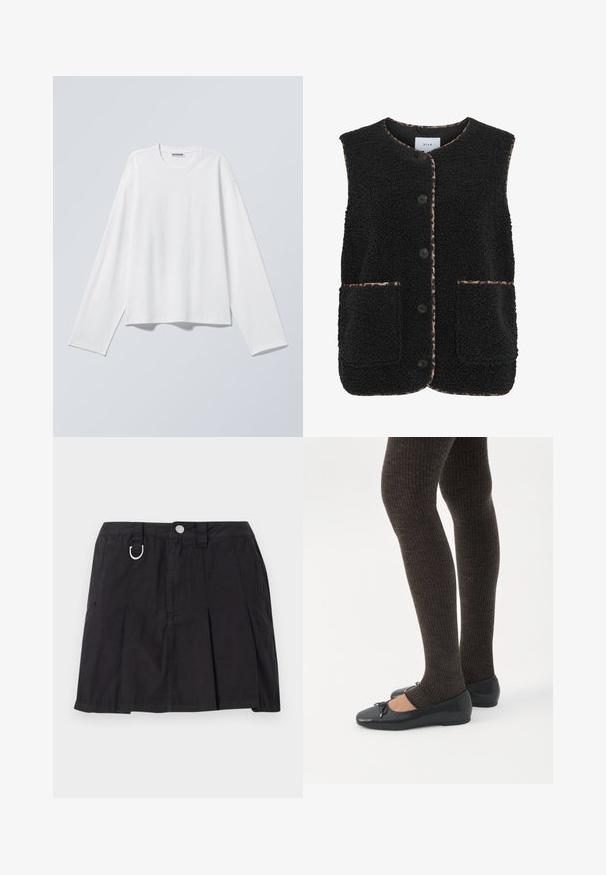 Chaleco de forro polar negro con cuello redondo, botones delanteros y dos bolsillos de parche. Presenta un ribete con estampado de leopardo a lo largo de los bordes.; Camiseta blanca de manga larga con cuello redondo y un ajuste relajado, mostrada plana sobre un fondo gris claro.; Falda negra plisada de algodón, con cierre de botones en la parte delantera, lazos para cinturón y un acento en forma de D en la cinturilla.; Piernas con leggings oscuros acanalados combinados con bailarinas negras que presentan pequeños detalles de lazo sobre un fondo blanco.