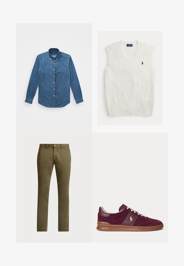 Witte kabelgebreide mouwloze trui met een V-hals ontwerp. Heeft gestructureerde patronen en een klein marineblauw logo op de borst.; Denim overhemd met lange mouwen, knoopsluiting kraag en een subtiel verticaal streepjespatroon, in een middelblauwe kleur met een logoaccent.; Polo Ralph Lauren BEDFORD STRETCH SLIM FIT CHINO PANT - Chino - canopy olive; Low-profile bordeaux suède en leren sneaker met witte veters, bruine zool en Polo-logo aan de zijkant.