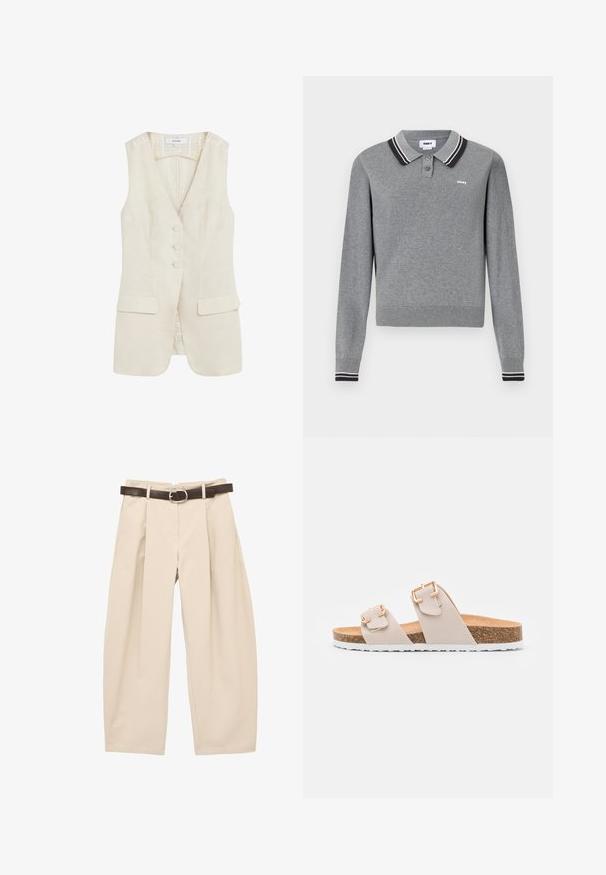 Ærmeløs beige skræddersyet vest med tre stofbetrukne knapper og to klaplommer, med V-hals og strukturerede sømme.; Grå langærmet polo sweater med sort og hvidstribet krave og manchetter, to knapper og lille "obey" logo på brystet.; Beige vidde bukser med plisseringer, med høj talje og kombineret med et mørkebrunt læderbælte med sølvspænde.; Beige slidesandaler med to justerbare stropper og guldfarvede spænder. Korksål med en struktureret hvid gummisål.
