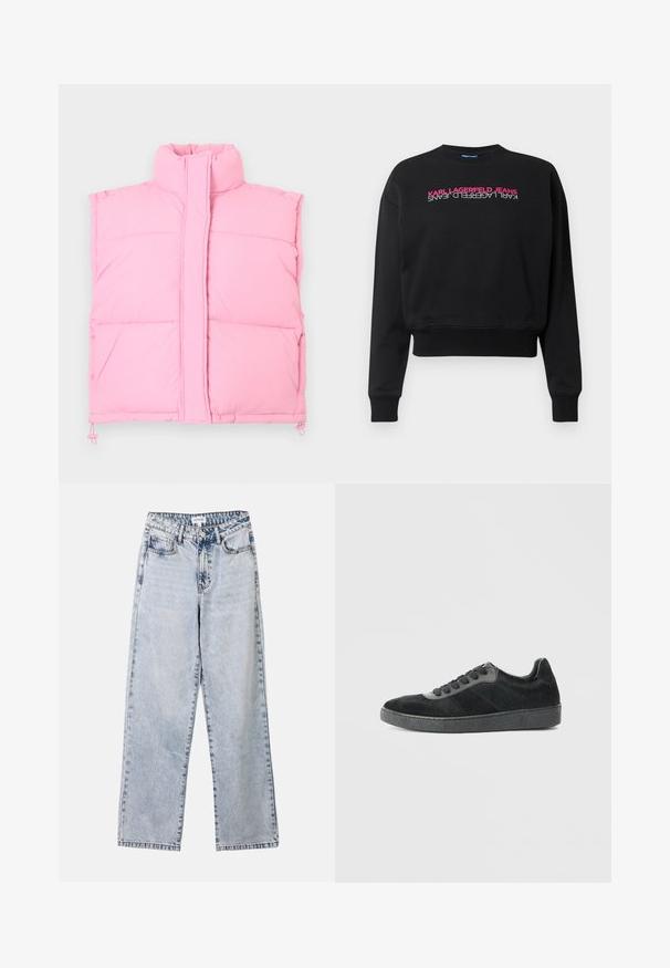 Roze mouwloos gewatteerd vest met hoge kraag, ritssluiting aan de voorkant verborgen onder een stoffen flap en verstelbare trekkoorden aan de zoom.; Zwarte sweatshirt van een katoenmix, met ribbelboorden en zoom, en verticale tekst "KARL LAGERFELD JEANS" in roze en wit op de voorkant.; Lichtblauwe straight-leg jeans van denim, met twee voorkruimelzakken, een knoopsluiting en contrasterende stiksels langs de naden.; Zwarte sneakers van suede en bont met een gestructureerde rubberen zool. Beschikt over een vetersluiting ontwerp en subtiele paneelaccenten.