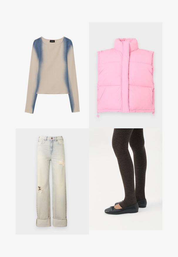 Chaleco acolchado rosa sin mangas con cuello alto, cremallera frontal oculta por una solapa de tela y cordones ajustables en el dobladillo.; Camiseta de manga larga en color beige claro, con un diseño en degradado azul. Textura suave, con cuello redondo y línea de dobladillo recta.; Vaqueros de talle alto y pierna ancha en azul claro con rotos desgastados en el muslo y la rodilla, dobladillos doblados y cierre de botón.; Piernas con leggings oscuros acanalados combinados con bailarinas negras que presentan pequeños detalles de lazo sobre un fondo blanco.