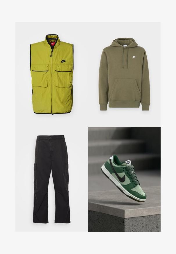 Grøn ærmeløs vest med to forlommer, lynlås lukning og sort kant; har Nike-logoet på brystet. Struktureret stof.; Olivengrøn hættetrøje med frontlomme, justerbar snøre i hætten og hvid Nike-logo på venstre bryst. Blødt stof, ribstrikkede manchetter.; Sorte cargo bukser med lige ben, der har to sidelommer, knaplukning og en struktureret stof.; Grønne Nike Dunk-sneaks har et design i læder og ruskind, sort Swoosh, hvide accenter, perforeret tåboks og gummiydersål.