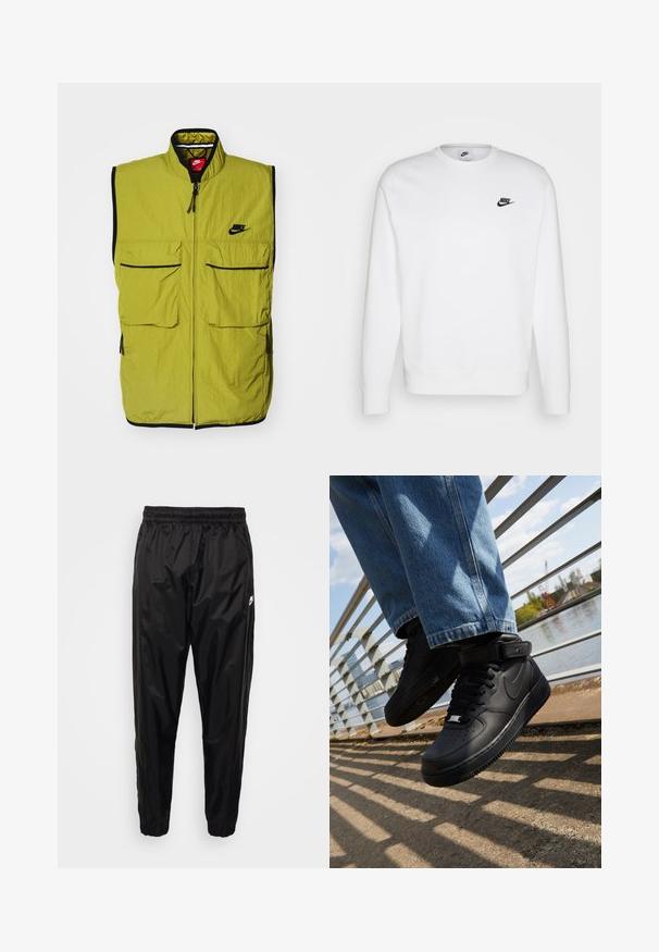 Zelená bezrúšková vesta so svetlými prednými vreckami, zipsom a čiernymi detailami; na hrudi sa nachádza logo Nike. Textúrovaná látka.; Biela mikina vyrobená z bavlny s dlhými rukávmi, okrúhlym výstrihom a čiernym logom Nike na ľavej hrudi. Mäkká textúra s rebrovanými manžetami.; Čierne tréningové nohavice vyrobené z ľahkého, lesklého materiálu s elastickým pásom, zúženým strihom a zipsovými vreckami. Obsahujú logo ako akcent.; Čierne tenisky Nike Air Force 1 s koženým zvrškom, sieťovaným jazykom a gumovou podrážkou, s vysokým dizajnom a hrubými šnúrkami.