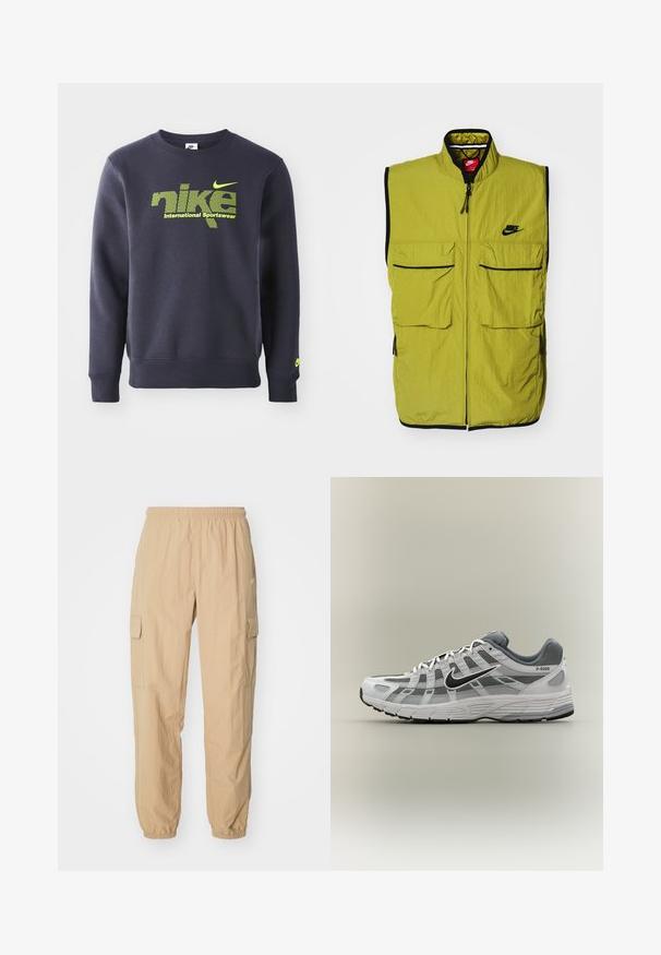 Roheline käisteta vest, millel on kaks eesmist klapikotit, tõmblukuga sulgemine ja must äär; rinnal on Nike logo. Tekstuuriga kangas.; Tumesinine sviiter puuvillasegist, millel on neoonroheline logo ja tekst "nike international sportswear" rinna kohal, soonikkoes mansetid ja allserv.; Beežid cargo püksid, mis on valmistatud kergest kangast, elastse vöökoha, kahe külje tasku ja elastsete kinnitustega pahkluude juures.; Valge ja hall Nike P-6000 toss musta logoga, võrgust paneelide ja tekstuurse tallaga, esitatud külgvaates neutraalsel taustal.