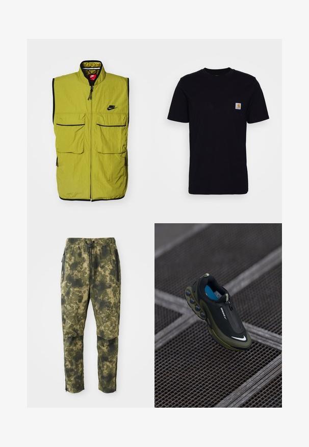 Groene mouwloze vest met twee voorzakken, ritssluiting en zwarte afwerking; heeft het Nike-logo op de borst. Gemaakt van textuurstof.; Zwarte katoenen t-shirt met korte mouwen, ronde hals en een borstzak met een klein, vierkant logo patch. Eenvoudig, stevig ontwerp.; Camo broek in verschillende tinten groen met een digitaal patroon. Voorzien van een elastische tailleband, trekkoord en zijzakken met rits.; Zwarte en olijfgroene Nike Air Max-schoen met een gladde bovenkant, ritssluiting en onderscheidende luchtkussens op de zool. Blauwe binnenzool zichtbaar.