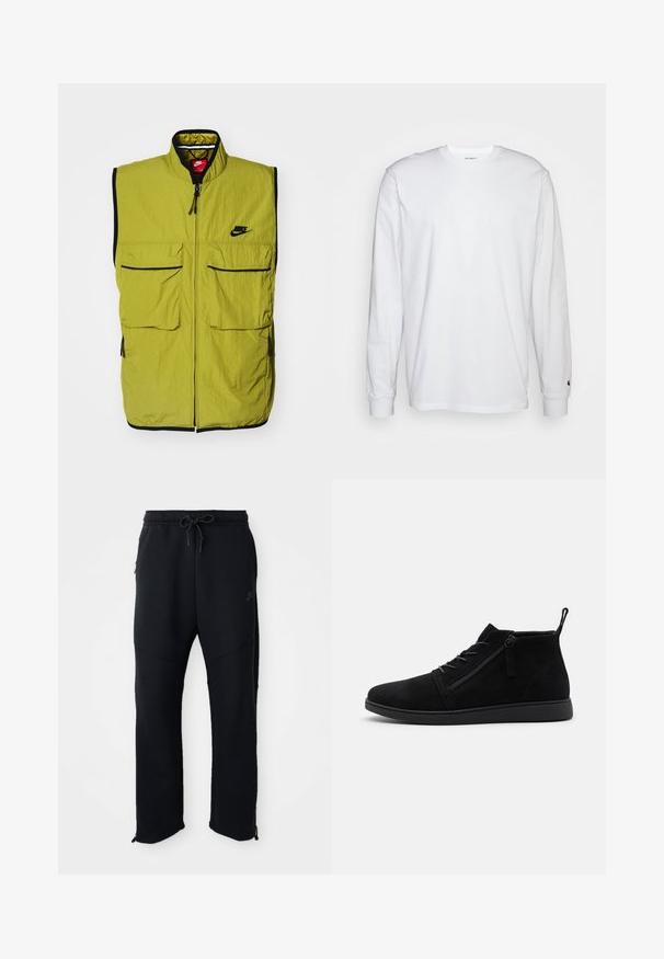 Groene mouwloze vest met twee voorzakken, ritssluiting en zwarte afwerking; heeft het Nike-logo op de borst. Gemaakt van textuurstof.; Witte lange mouwen T-shirt van katoen. Ronde hals ontwerp met ribgebreide manchetten en een klein logo op de linkermouw. Gladde textuur.; Zwarte sportbroek met elastische tailleband en trekkoord, met zijzakken, taps toelopende pijpen en ritsen bij de enkels. Glad textuur.; Zwarte suède enkellaarsjes hebben een ronde neus, veters aan de voorkant en een zijrits. De zool is plat met een gestructureerde afwerking voor grip.