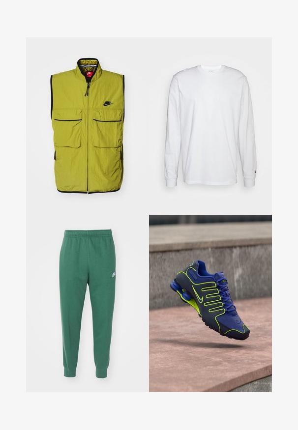 Chaleco verde sin mangas con dos bolsillos frontales de parche, cierre de cremallera y ribete negro; presenta el logo de Nike en el pecho. Tejido texturizado.; Camiseta blanca de manga larga hecha de algodón. Diseño de cuello redondo con puños acanalados y un pequeño logo en la manga izquierda. Textura suave.; Nike Sportswear CLUB JGGR - Pantalones deportivos - fir/white; Zapatilla deportiva Nike azul y verde neón con muelles visibles en el talón, posicionada en el aire sobre escalones de concreto.