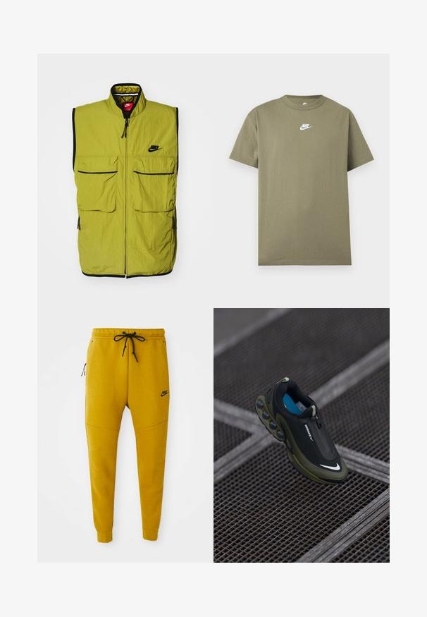 Groene mouwloze vest met twee voorzakken, ritssluiting en zwarte afwerking; heeft het Nike-logo op de borst. Gemaakt van textuurstof.; Olijfgroene Nike T-shirt met korte mouwen en ronde hals met een wit logo op de borst op een effen lichtgrijze achtergrond.; Mosterdgele Nike joggingbroek met zwarte trekkoord, ritszak aan de zijkant, geribde boorden en Nike-logo op de linker dij.; Zwarte en olijfgroene Nike Air Max-schoen met een gladde bovenkant, ritssluiting en onderscheidende luchtkussens op de zool. Blauwe binnenzool zichtbaar.