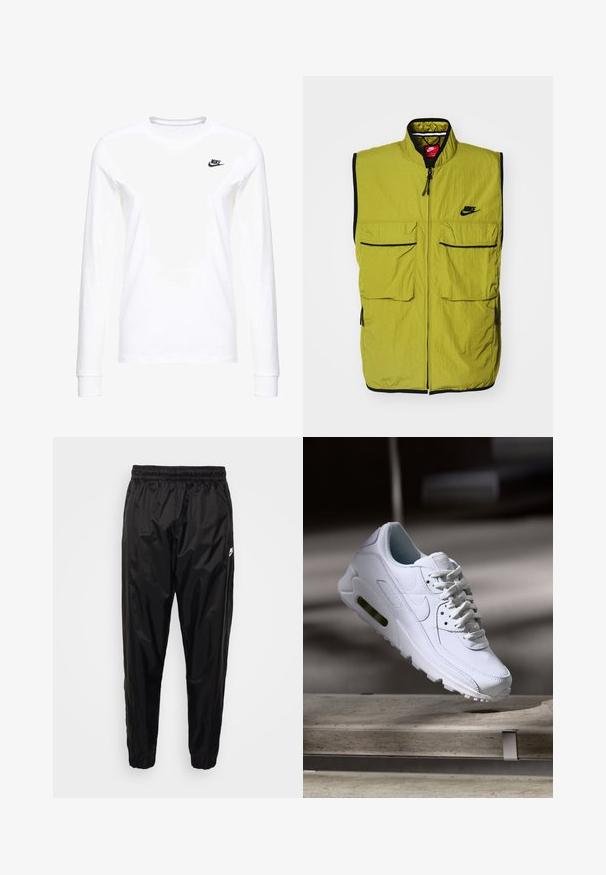 Grüne ärmellose Weste mit zwei aufgesetzten Vordertaschen, Reißverschluss und schwarzem Saum; zeigt das Nike-Logo auf der Brust. Texturiert.; Weißes Langarm-T-Shirt aus Baumwolle mit kleinem schwarzem Nike-Logo auf der linken Brust und rundem Halsausschnitt. Glatte Textur.; Schwarze Jogginghose aus leichtem, glänzendem Material mit elastischem Bund, schmalem Schnitt und Reißverschlusstaschen. Mit einem Logoakzent.; Weiße Lederturnschuhe mit strukturierten Oberflächen, gepolstertem Kragen und sichtbarer Luftpolsterung in der Sohle. Verfügt über Schnürsenkel und ein minimalistisches Design.