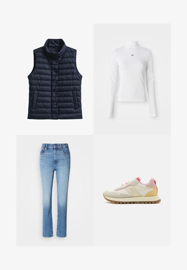 Veste sans manches matelassée noire avec col montant, boutons-pression à l'avant et deux poches avant.; Top à col roulé blanc à manches longues en matière côtelée. Présente un petit logo brodé au centre. Design ajusté sans motifs.; Jean en denim bleu avec taille haute, coupe droite, dégradé de couleur usé et style cinq poches. Fermeture à bouton en métal et zip.; Baskets avec une tige en cuir crème, des accents en daim rose et un talon jaune, dotées d'une semelle en caoutchouc à motif et de lacets blancs.