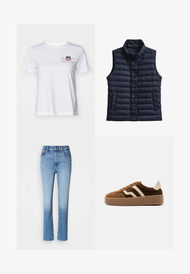 Veste sans manches matelassée noire avec col montant, boutons-pression à l'avant et deux poches avant.; T-shirt en coton blanc à manches courtes, col rond, avec un logo brodé rouge et bleu sur le côté gauche. Texture lisse, coupe décontractée.; Jean en denim bleu avec taille haute, coupe droite, dégradé de couleur usé et style cinq poches. Fermeture à bouton en métal et zip.; Baskets en daim marron avec bandes beige, languette de talon beige, semelle épaisse en gomme et fermeture à lacets, vue de profil sur fond uni.