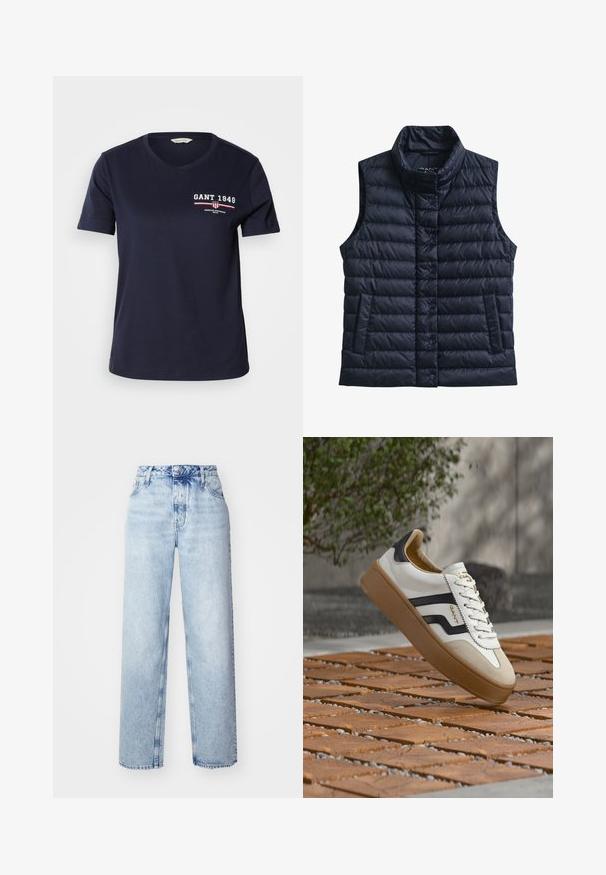 Chaleco acolchado negro sin mangas, con cuello alto, botones de presión delanteros y dos bolsillos delanteros.; Camiseta de algodón azul marino con escote en V y mangas cortas, que presenta el texto del logo en blanco y rojo "GANT 1949" y detalles de diseño en el lado izquierdo del pecho.; Jeans de tiro alto color azul claro con un corte holgado, que cuentan con piernas rectas, cinco bolsillos y un cierre clásico de botones y cremallera.; Zapatilla blanca con detalles en negro y ante marrón claro, con suela de goma texturizada y diseño con cordones. Logo de la marca visible en el lateral.