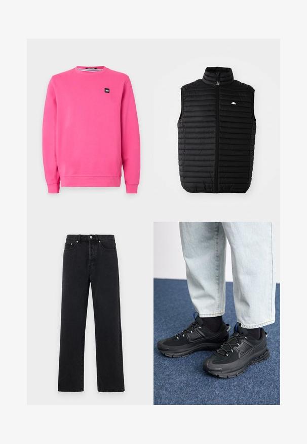 Gilet sans manches rembourré noir avec col montant, fermeture éclair à l'avant et poches latérales. Présente un design matelassé horizontal et un petit logo sur la poitrine.; Sweatshirt rose en tissu doux, avec un col rond, des manches longues, des poignets côtelés, et un petit patch logo noir sur le devant.; Jean droit en denim noir avec taille haute, cinq poches et fermeture à bouton métallique. Le tissu a une texture lisse et un léger éclat.; Des chaussures de sport noires avec un tissu texturé et des semelles en caoutchouc, dotées de lacets élastiques et d'un accent bleu au talon. Portées avec un pantalon en denim clair.