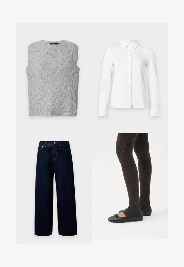 Gilet en tricot gris avec un col en V et sans manches. Présente un motif en câble texturé et des bords côtelés. Le matériau semble doux et confortable.; Chemise blanche à manches longues avec boutons, col pointu, ourlet droit et silhouette ajustée, présentée sur un fond clair uni.; Jean large bleu foncé en denim, doté d'une fermeture à bouton à l'avant et d'une taille à cordon, avec des détails de couture contrastants.; Jambes portant des leggings côtelés foncés associés à des ballerines noires avec de petits détails en nœud sur fond blanc.