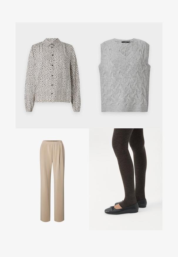 Chaleco de punto gris con escote en V y sin mangas. Presenta un patrón de cable texturizado y bordes de canalé. El material parece suave y acogedor.; Camisa abotonada en crema con manchas negras, con cuello, mangas largas y puños elásticos. Confeccionada en una tela ligera y suave.; Pantalones beige de pierna recta con cintura elástica y pliegues en la parte delantera para un ajuste cómodo.; Piernas con leggings oscuros acanalados combinados con bailarinas negras que presentan pequeños detalles de lazo sobre un fondo blanco.
