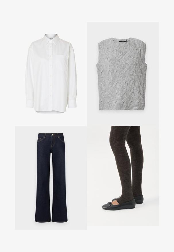 Chaleco de punto gris con escote en V y sin mangas. Presenta un patrón de cable texturizado y bordes de canalé. El material parece suave y acogedor.; Camisa blanca de manga larga con botones, cuello puntiagudo y bolsillo en el pecho, mostrada sobre un fondo liso.; Jeans vaqueros de pierna ancha en azul oscuro, con bolsillos delanteros, cierre de botón y cremallera, y costuras contrastantes visibles.; Piernas con leggings oscuros acanalados combinados con bailarinas negras que presentan pequeños detalles de lazo sobre un fondo blanco.