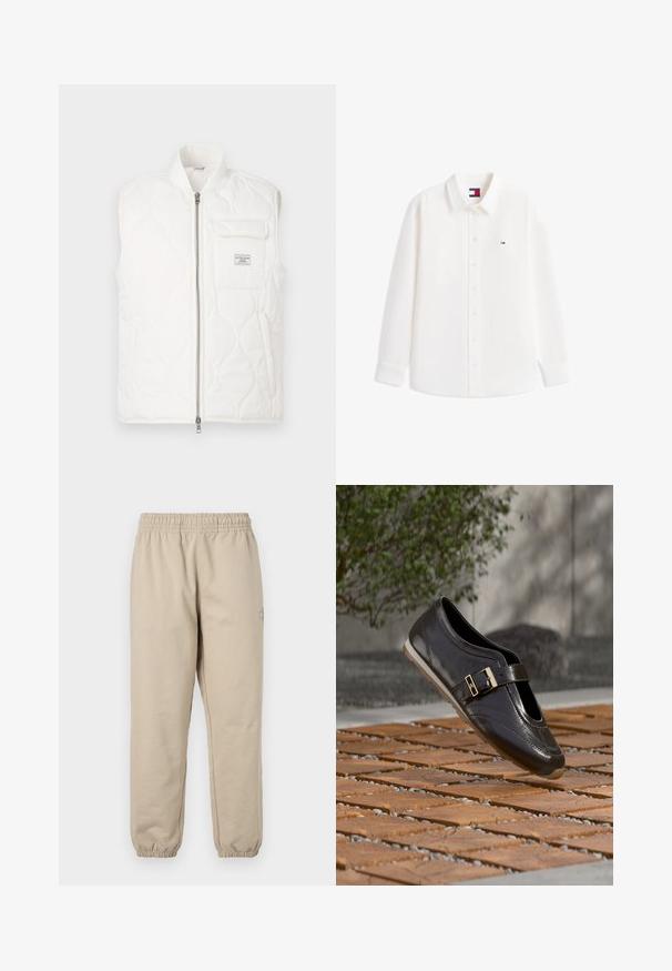 Hvid quiltet vest med høj krave, lynlås foran og brystlomme. Struktureret stof og subtilt mønster skaber et let design.; Hvid langærmet skjorte med knapper og krave, med en lille Tommy Hilfiger-logo på venstre bryst og indvendig label.; Beige sweats med elastisk talje og manchetter. Blødt bomuldsmateriale, lige ben-design, med et lille broderet logo på siden.; Mørkebrun læderloafer med gyldent spænde, der svæver over mønstret trægulv og stengulv med sløret grønt buskads i baggrunden.