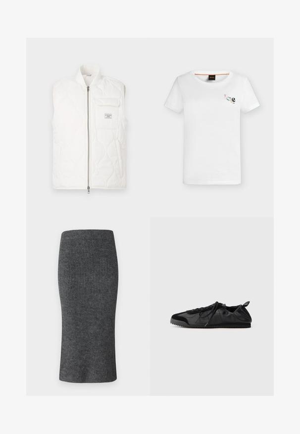Hvid quiltet vest med høj krave, lynlås foran og brystlomme. Struktureret stof og subtilt mønster skaber et let design.; Hvid T-shirt med korte ærmer og rund halsudskæring med lille flerfarvet "Love" tekst på øvre venstre bryst, mærket BOSS label inde i kraven.; Grå ribbet blyantskørt med en tætsiddende facon, høj talje og glat tekstur. Designet til en strømlinet silhuet.; Sort sneakers med en glat læderoverdel og teksturerede suede detaljer. Har snørebånd fortil, en afrundet tå og en rillede gummisål.