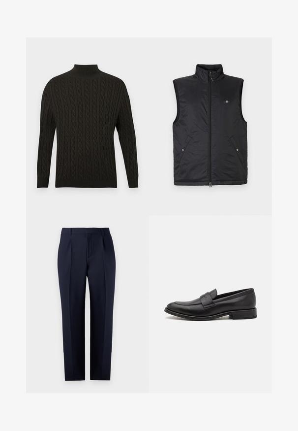 Sort ærmeløs vest lavet af quiltet, letvægtsmateriale. Har en høj krave, lynlåslukning foran og to forlommer med trykknapper.; Sort strikket sweater med høj turtle neck, tekstureret kabeldesign, lange ærmer samt ribbede manchetter og kant.; Marineblå skræddersyede bukser lavet af tekstureret stof, med et lige snit, forreste læg og en klassisk talje med bæltestropper.; Sort læderloafer med en glat finish, en dekorativ rem over vristen, rund tå og en lav stablet hæl.